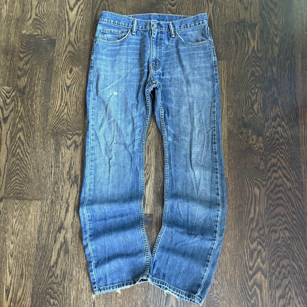 Levis 505 Regular Fit Straight Leg Jeans Mens 32x32 Dark Wash Distressed Faded